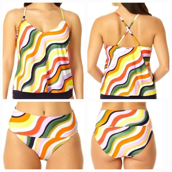 Anne Cole Women's Multicolor Stripe Printed Bikini Top & Bottom Set Size Medium - Picture 1 of 16